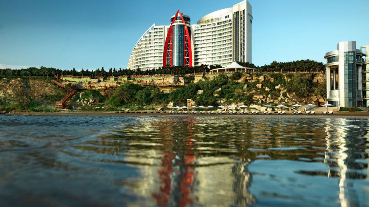 Bilgah Beach on the Caspian Sea in Azerbaijan with clear waters and resorts