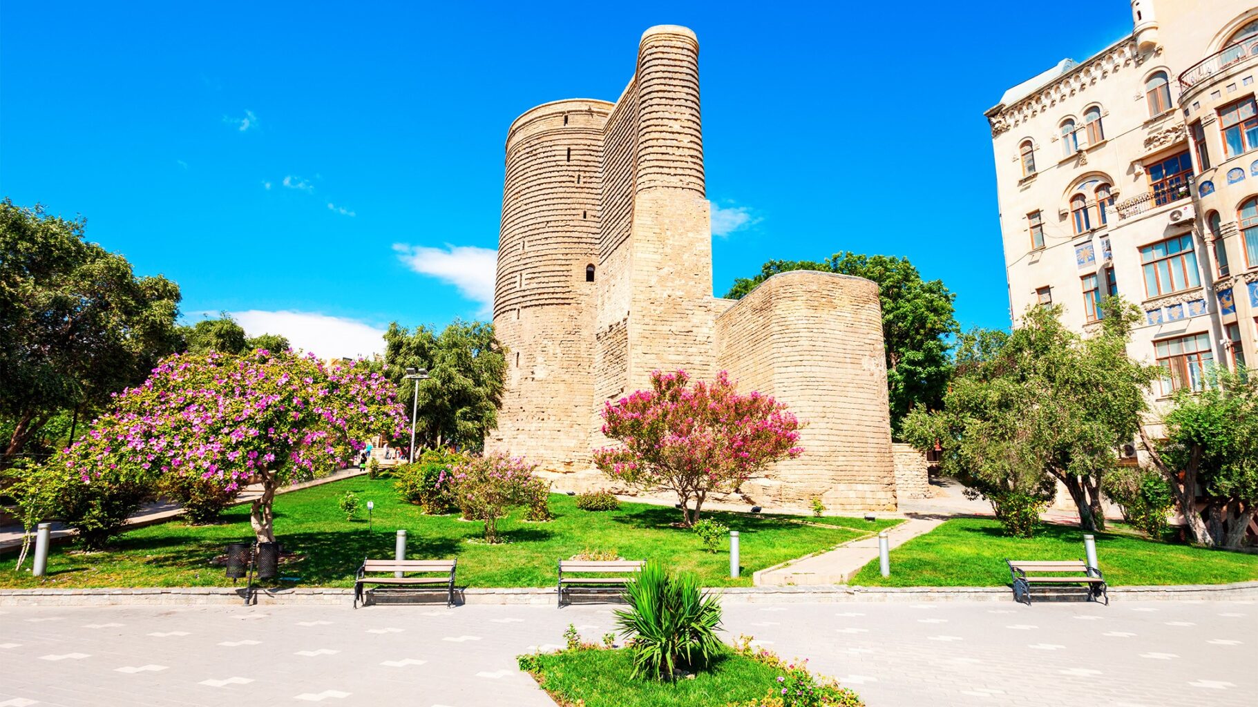 Maiden Tower UNESCO World Heritage site in Baku old city Icherisheher at night