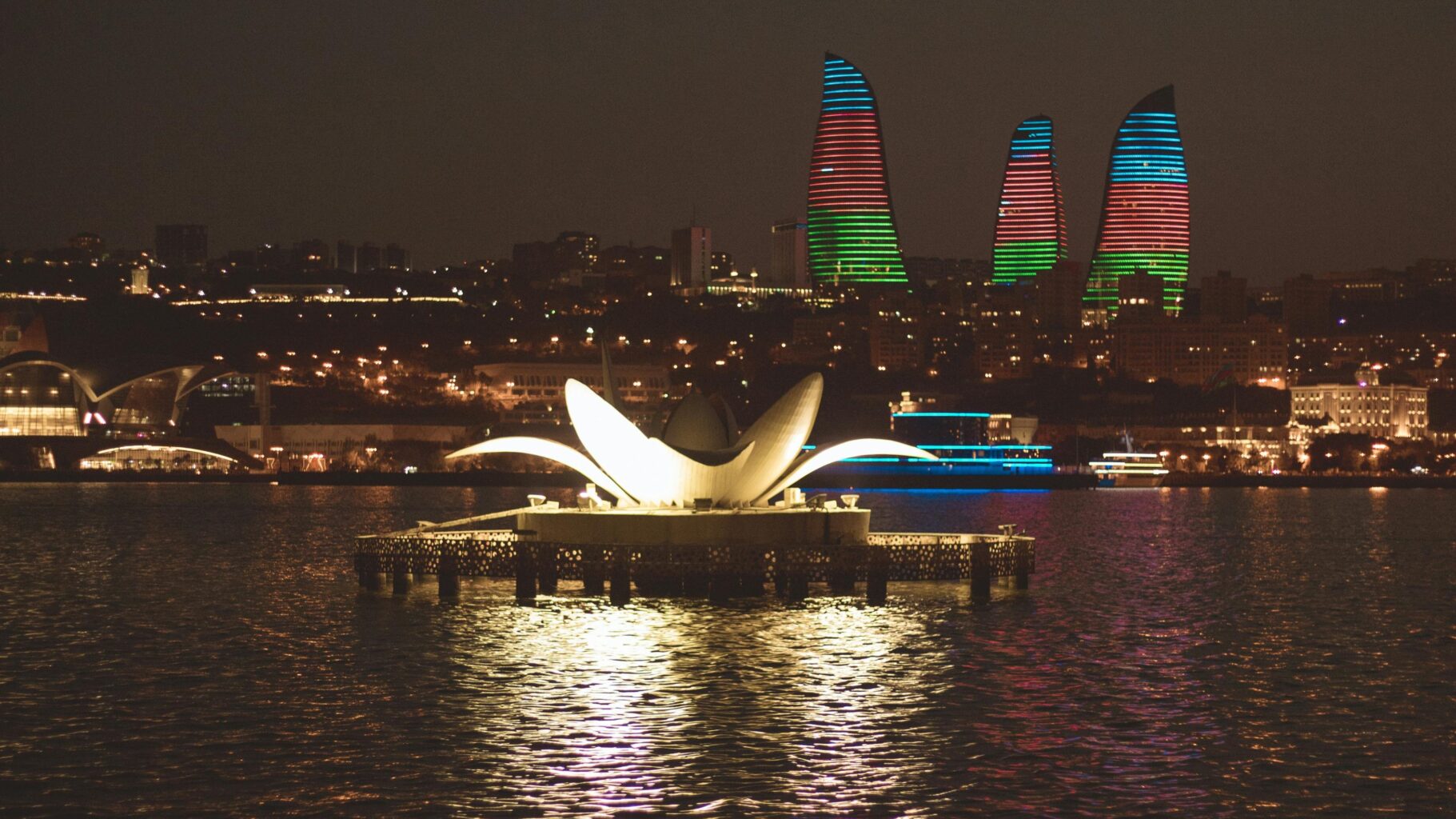Baku cityscape at night with illuminated Flame Towers