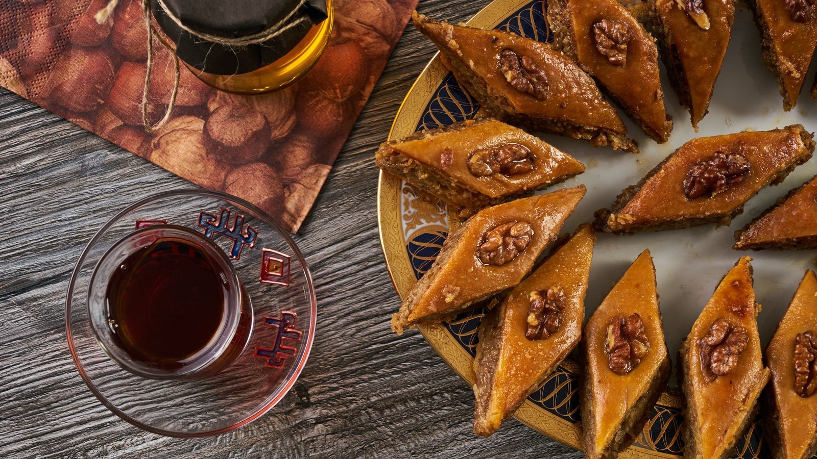 Baku pakhlava - flaky pastry layered with walnuts pistachios covered in sweet syrup