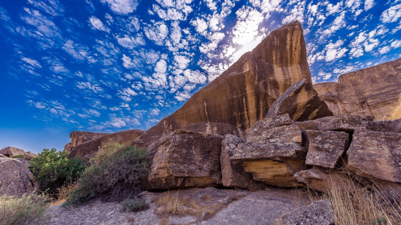 Gobustan National Park mud volcanoes and rock petroglyphs Azerbaijan