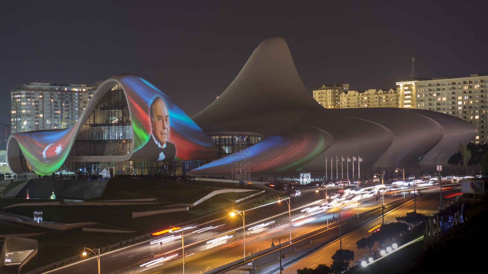 Futuristic curved architecture of Heydar Aliyev Center designed by Zaha Hadid