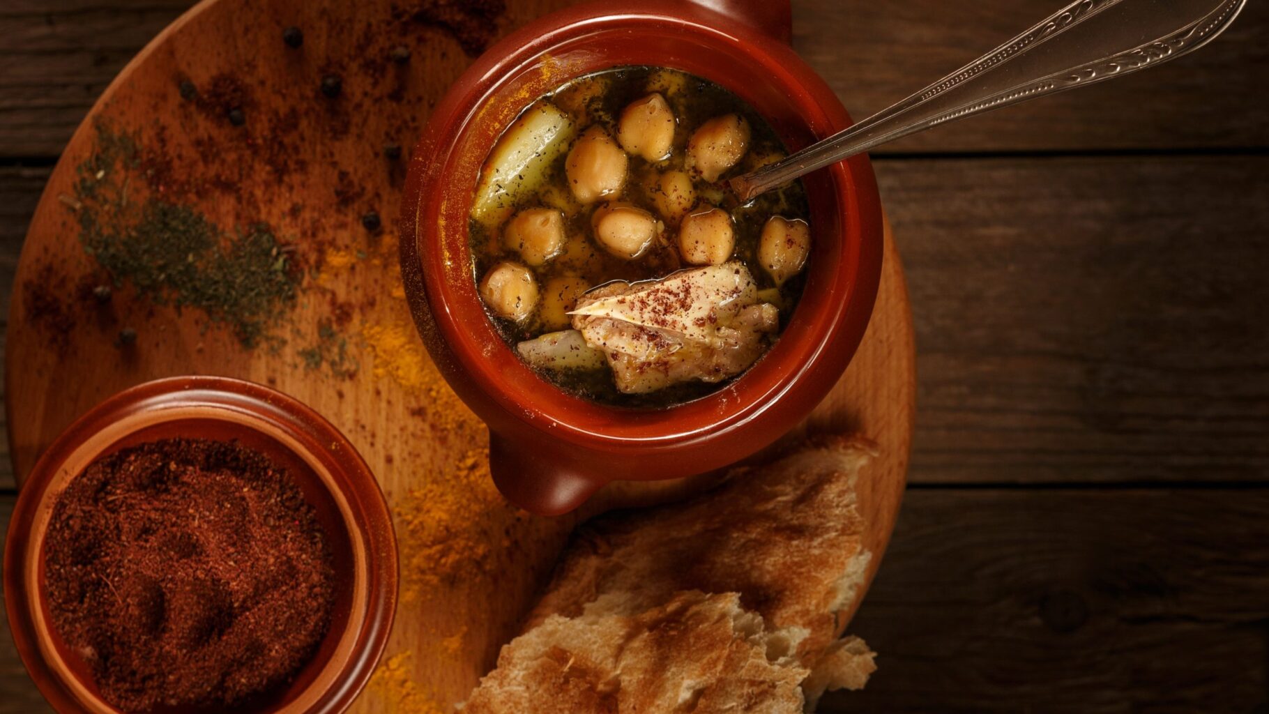 Traditional Azerbaijani piti lamb stew served in ceramic pot with bread