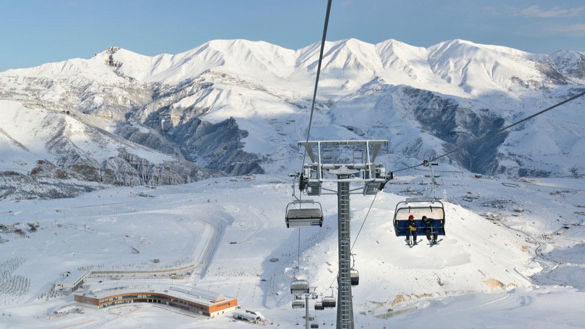 Shahdag Ski Resort slopes with cable car and mountain scenery in winter