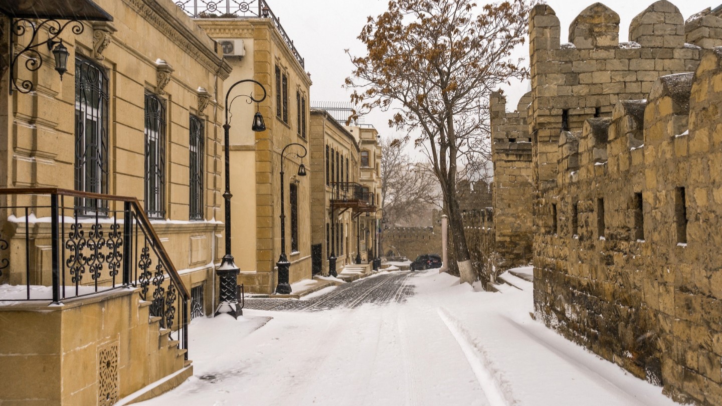 Baku city during winter with mild weather and occasional rain in December